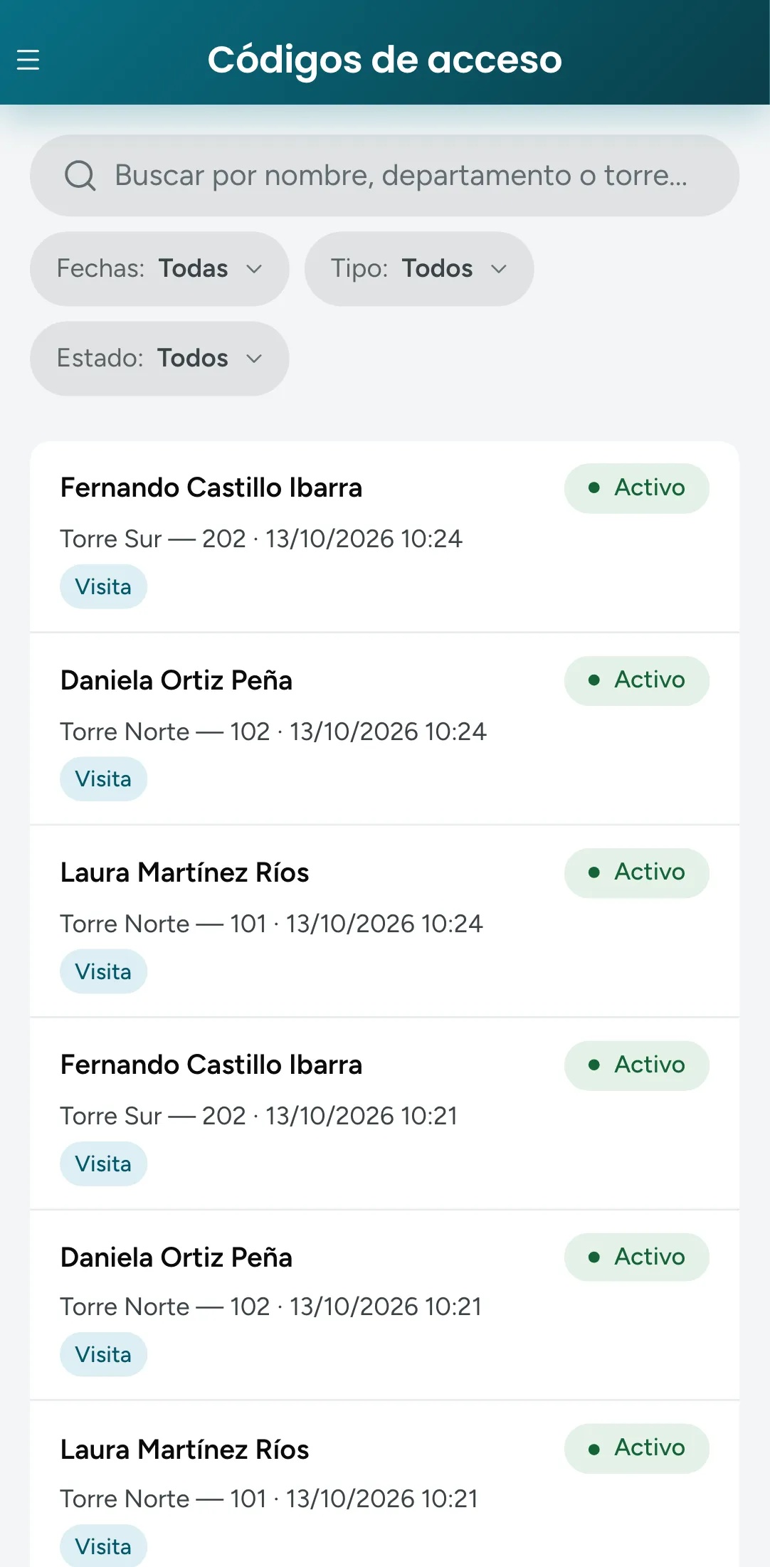 Códigos de acceso activos y expirados